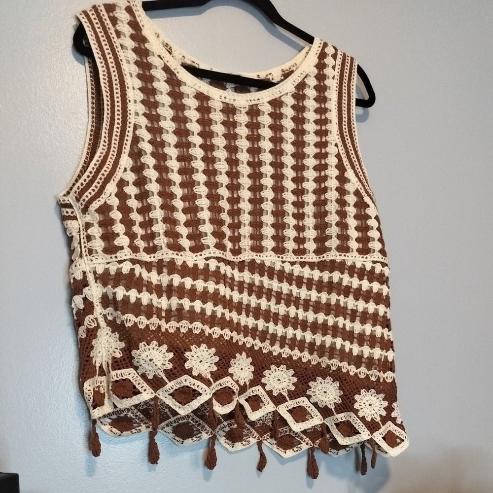 Crochet Tank Top with Tassel Trim- Copper and Cream- Size XL